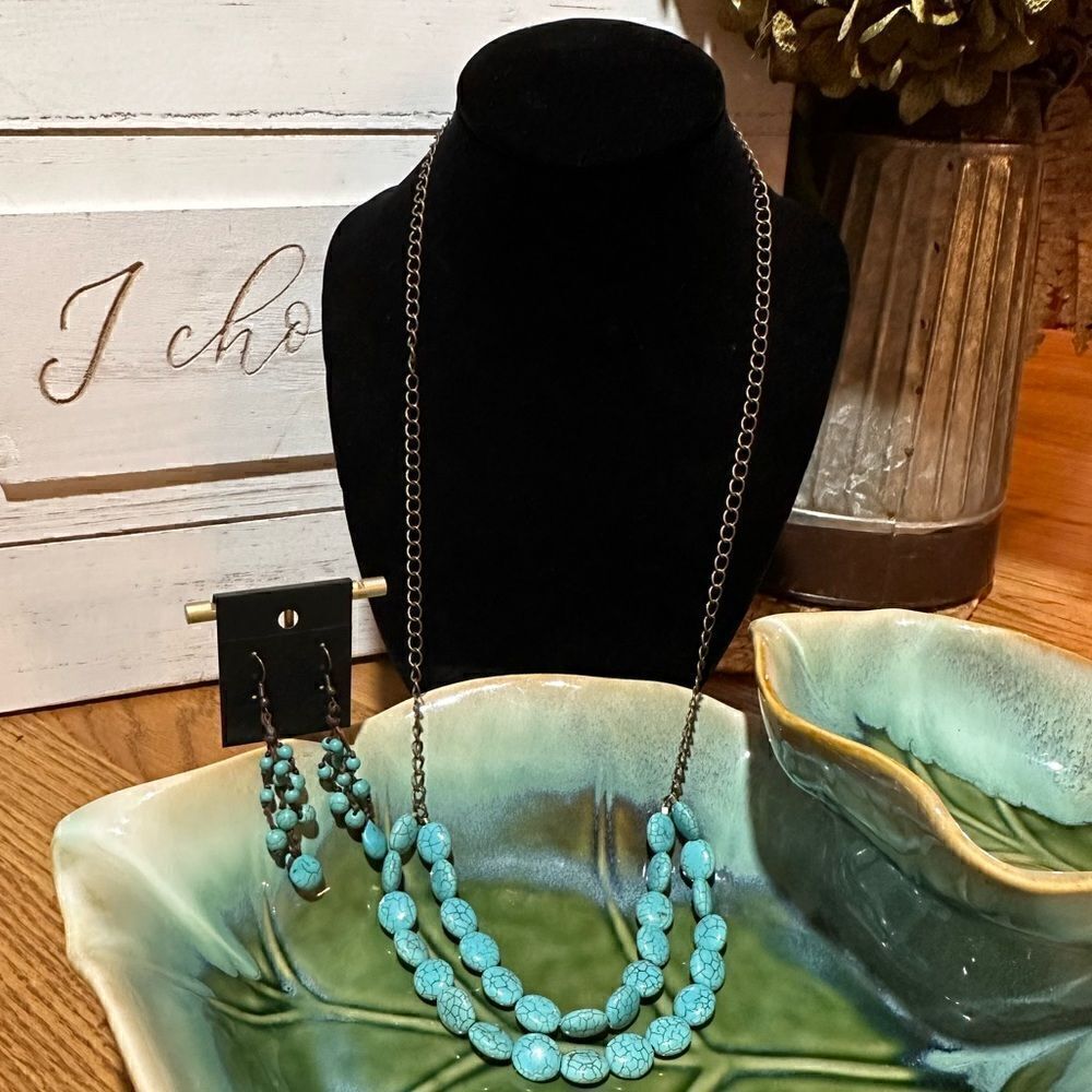 Turquoise Color X-Long Necklace + Earrings